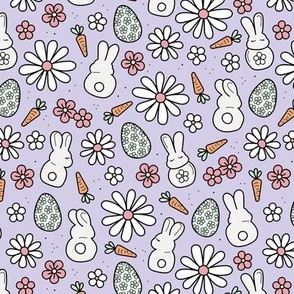 Cutesy easter - little rabbit adorable bunny and easter eggs hunt with carrots and flower blossom kids retro style spring design mustard on tan