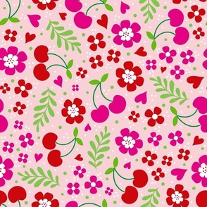 Large Scale Delicious Ditsy Cherries Fun Flowers and Hearts on Pink
