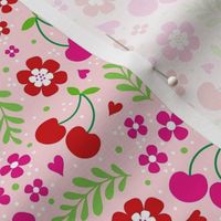 Medium Scale Delicious Ditsy Cherries Fun Flowers and Hearts on Pink