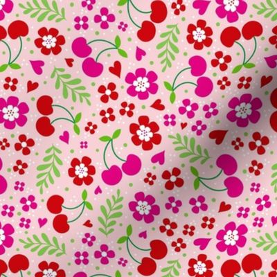 Medium Scale Delicious Ditsy Cherries Fun Flowers and Hearts on Pink