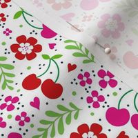 Medium Scale Delicious Ditsy Cherries Fun Flowers and Hearts on White