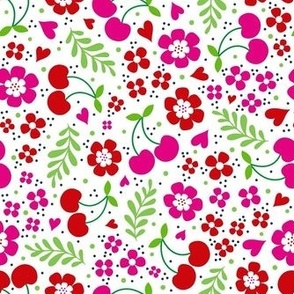 Medium Scale Delicious Ditsy Cherries Fun Flowers and Hearts on White