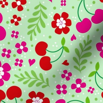 Large Scale Delicious Ditsy Cherries Fun Flowers and Hearts on Spring Green