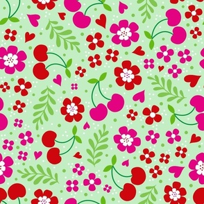 Large Scale Delicious Ditsy Cherries Fun Flowers and Hearts on Spring Green