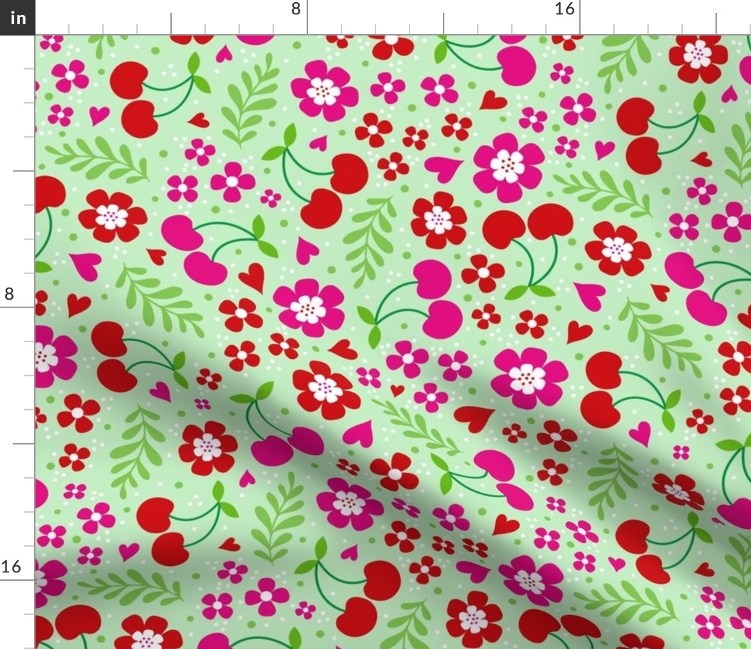 Large Scale Delicious Ditsy Cherries Fun Flowers and Hearts on Spring Green