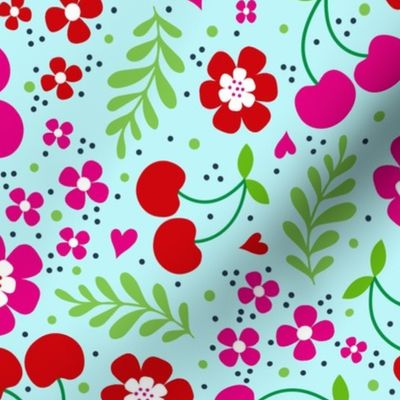 Large Scale Delicious Ditsy Cherries Fun Flowers and Hearts on Blue