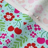 Medium Scale Delicious Ditsy Cherries Fun Flowers and Hearts on Blue