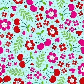 Medium Scale Delicious Ditsy Cherries Fun Flowers and Hearts on Blue