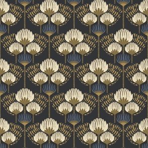 1920 Blossom Floral Wallpaper - Black, Cream, Gold, Blue- Small