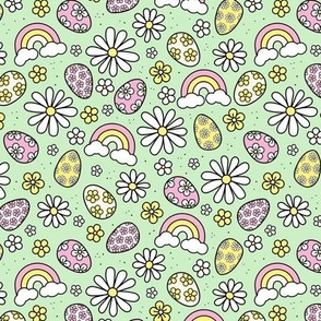 Magic Easter egg hunt - Spring flower and rainbows cutesy retro design yellow lilac pink on lime green nineties palette
