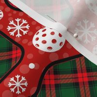 Large Scale Christmas Plaid Pickleball Paddles and Balls with Snowflakes on Red
