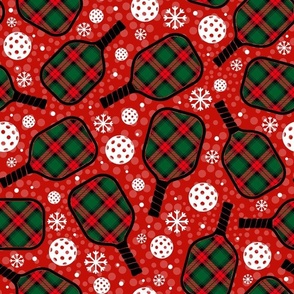 Large Scale Christmas Plaid Pickleball Paddles and Balls with Snowflakes on Red