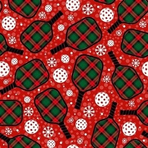 Medium Scale Christmas Plaid Pickleball Paddles and Balls with Snowflakes on Red