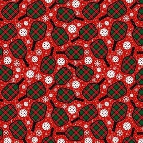 Small Scale Christmas Plaid Pickleball Paddles and Balls with Snowflakes on Red