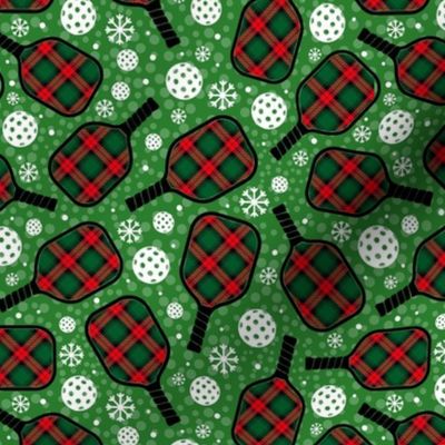 Medium Scale Christmas Plaid Pickleball Paddles and Balls with Snowflakes on Green