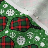 Medium Scale Christmas Plaid Pickleball Paddles and Balls with Snowflakes on Green