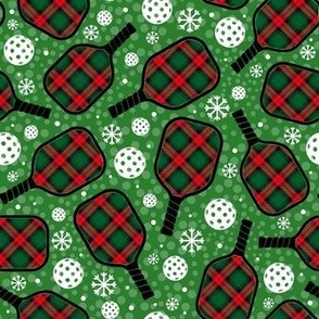 Medium Scale Christmas Plaid Pickleball Paddles and Balls with Snowflakes on Green