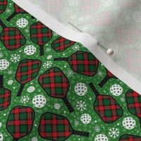 Small Scale Christmas Plaid Pickleball Paddles and Balls with Snowflakes on Green