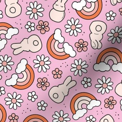 Cutesy Easter Bunnies - Magic rabbit rainbows and bunny spring design with daisies and flower blossom pink orange girls 