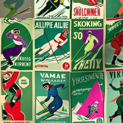 vintage women skier in green