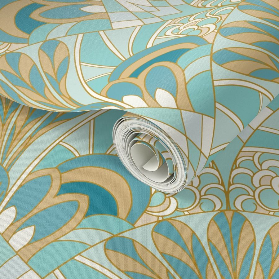 1920s Art deco fan palm Teal green blue Wallpaper | Spoonflower