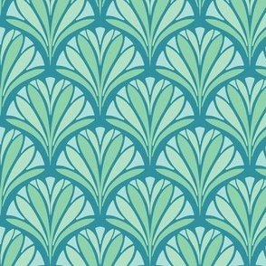 1920s Art deco fan palm leaves teal blue aqua green by Jac Slade
