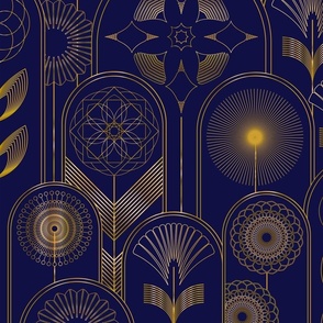 Art Deco Flower Cloches Metallic Gold on Navy Floral Wallpaper - Half-Drop
