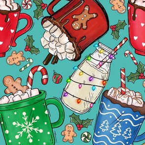 Christmas Cocoa Mugs on Teal (Design 1)