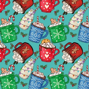 Christmas Cocoa Mugs on Teal - small (Design 2) 