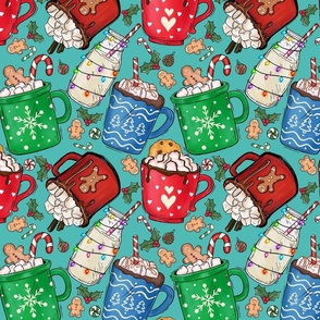 Christmas Cocoa Mugs on Teal - small (Design 1)
