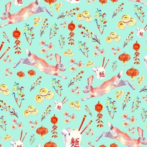 Year of the Rabbit - Lunar New Year pattern in light teal