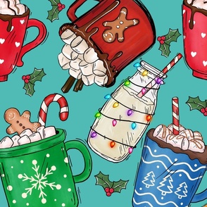 Christmas Cocoa Mugs on Teal (Design 2) 