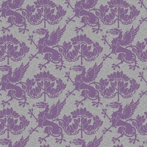 Gothic Revival Griffins and Trees, violet on grey, small