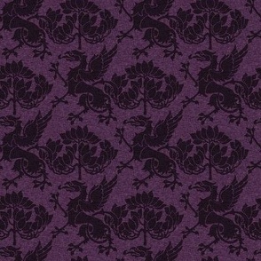 Gothic Revival Griffins and Trees, black on purple, small