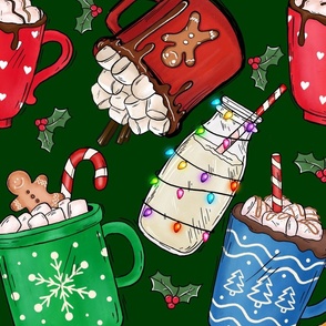 Christmas Cocoa Mugs on Green (Design 2)  