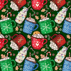 Cocoa Mugs on Green - small (Design 1) 