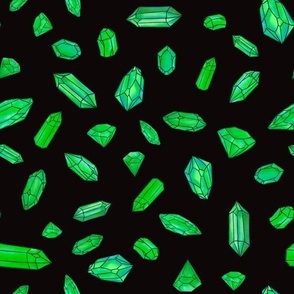 Green Watercolor Crystal Gemstones on Black Background