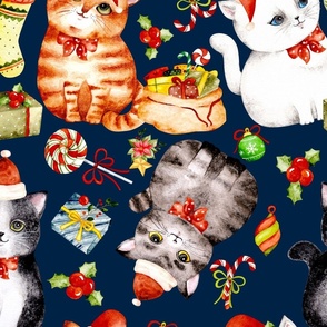 Christmas kitties on Navy Blue