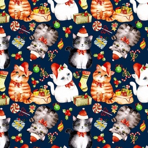 Christmas Kitties on Navy Blue - small 