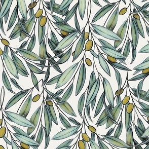 Green Olive Branches - on cream 