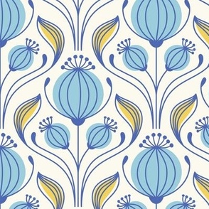 2334 Medium - poppy flowers seed heads, scandi / white, blue