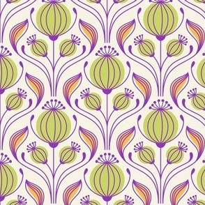 2332 Small - poppy flowers seed heads, scandi / green, purple