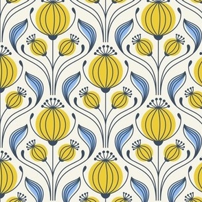 2335 Small - poppy flowers seed heads, scandi / yellow, blue