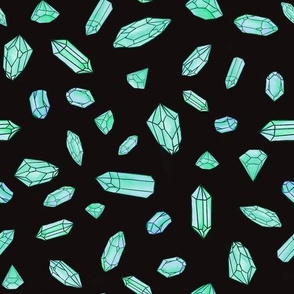 Pastel Teal Watercolor Gemstone Crystals on Black Background