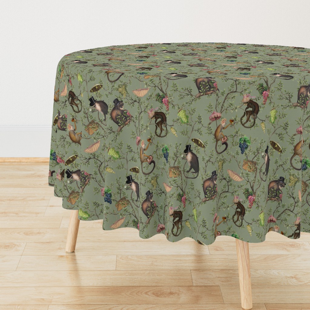 nostalgic Monkeys Garden Party - Antique Chinoiserie with drunk monkeys green,Vintage home decor, antique wallpaper,  sage green- Marie Antoinette Chinoiserie inspired