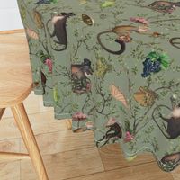 nostalgic Monkeys Garden Party - Antique Chinoiserie with drunk monkeys green,Vintage home decor, antique wallpaper,  sage green- Marie Antoinette Chinoiserie inspired