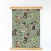 nostalgic Monkeys Garden Party - Antique Chinoiserie with drunk monkeys green,Vintage home decor, antique wallpaper,  sage green- Marie Antoinette Chinoiserie inspired