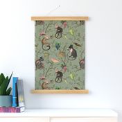 nostalgic Monkeys Garden Party - Antique Chinoiserie with drunk monkeys green,Vintage home decor, antique wallpaper,  sage green- Marie Antoinette Chinoiserie inspired