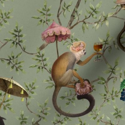 nostalgic Monkeys Garden Party - Antique Chinoiserie with drunk monkeys green,Vintage home decor, antique wallpaper,  sage green- Marie Antoinette Chinoiserie inspired
