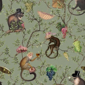 nostalgic Monkeys Garden Party - Antique Chinoiserie with drunk monkeys green,Vintage home decor, antique wallpaper,  sage green- Marie Antoinette Chinoiserie inspired